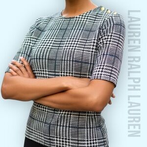 Lauren Ralph Lauren Top Tee Women's Medium Black White Blue Houndstooth Stretch